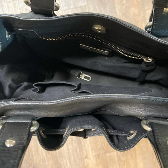 Anne Fontaine Studded Leather Drawstring Black Handbag Purse Rocker Biker BDSM - Picture 5 of 7